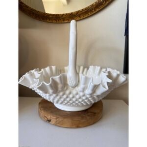 Vintage Hobnail Milk Glass Basket White Ruffled Cottagecore Collector as is